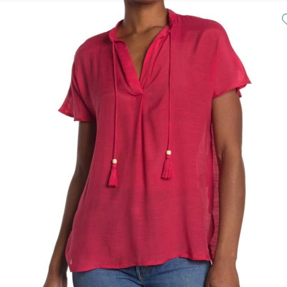 Harve Bernard Boho Split Neck Blouse Tassel MEDIUM